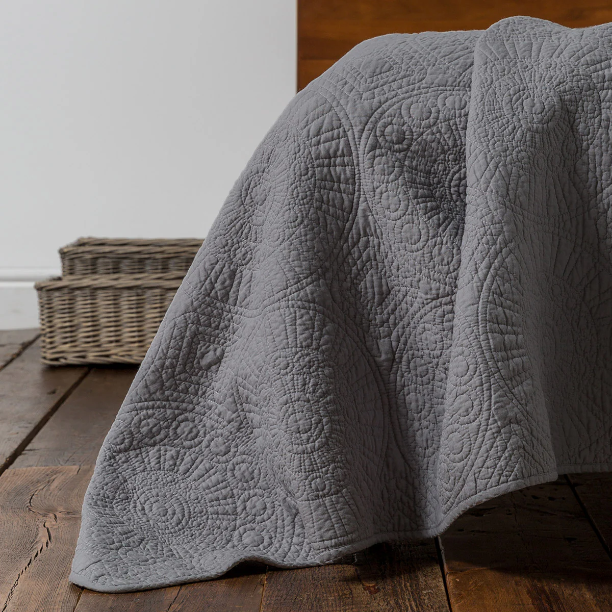 Mid Grey Quilted Cotton Bedspread - Image 5