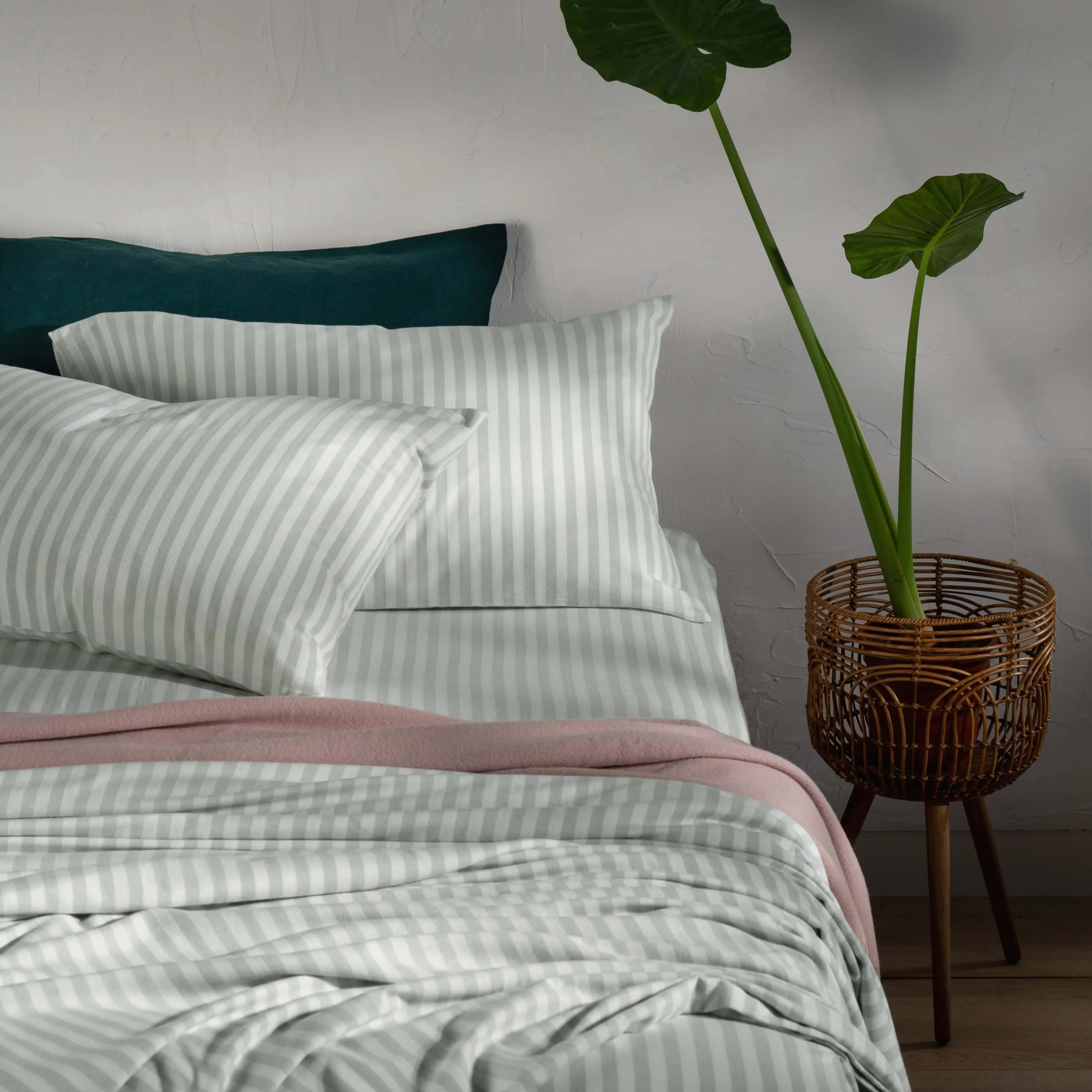Misty Green Herringbone Stripe Cotton Duvet Sets - Image 3