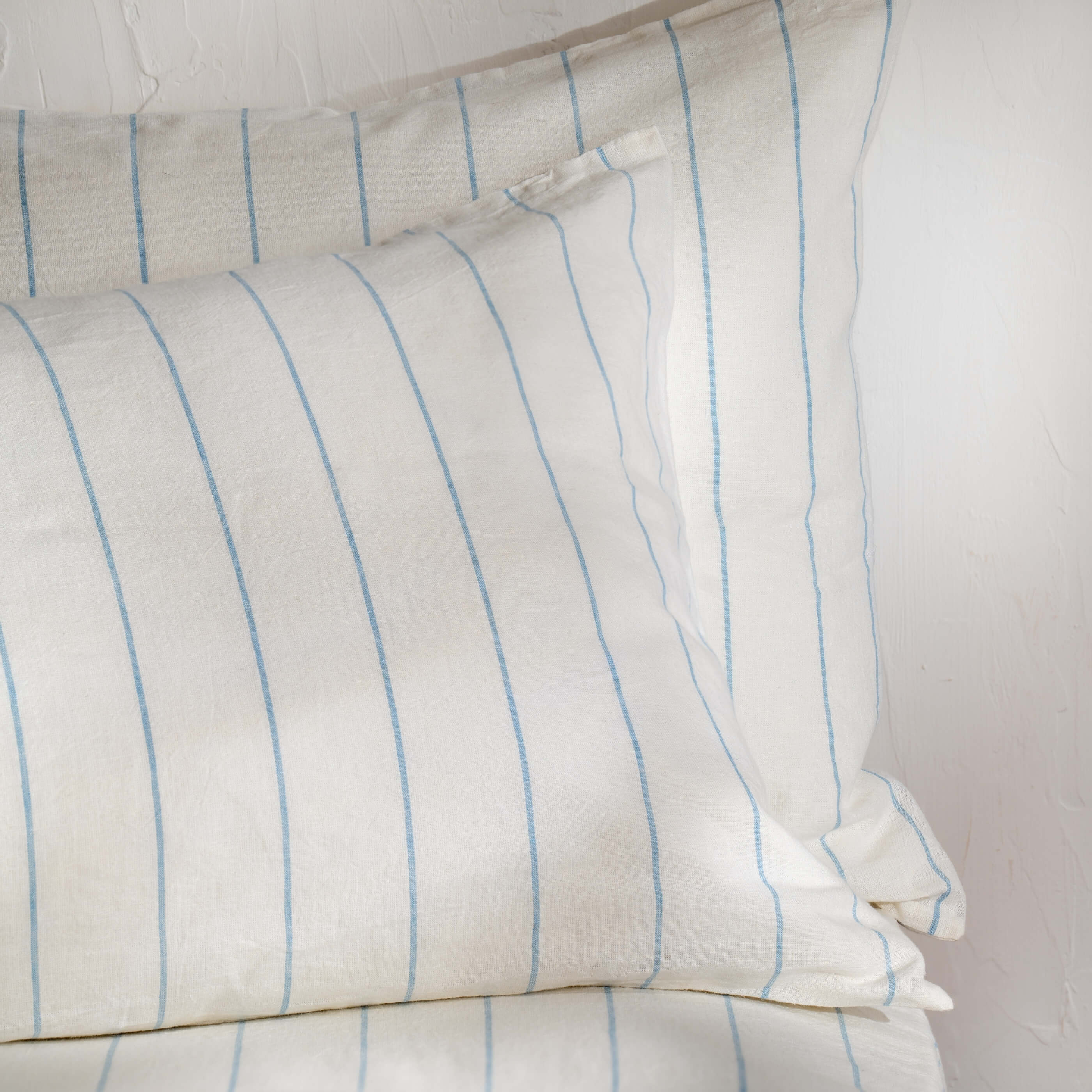 White/Blue Pinstripe Linen Cotton Blend 30cm Standard Fitted Sheets - Image 3