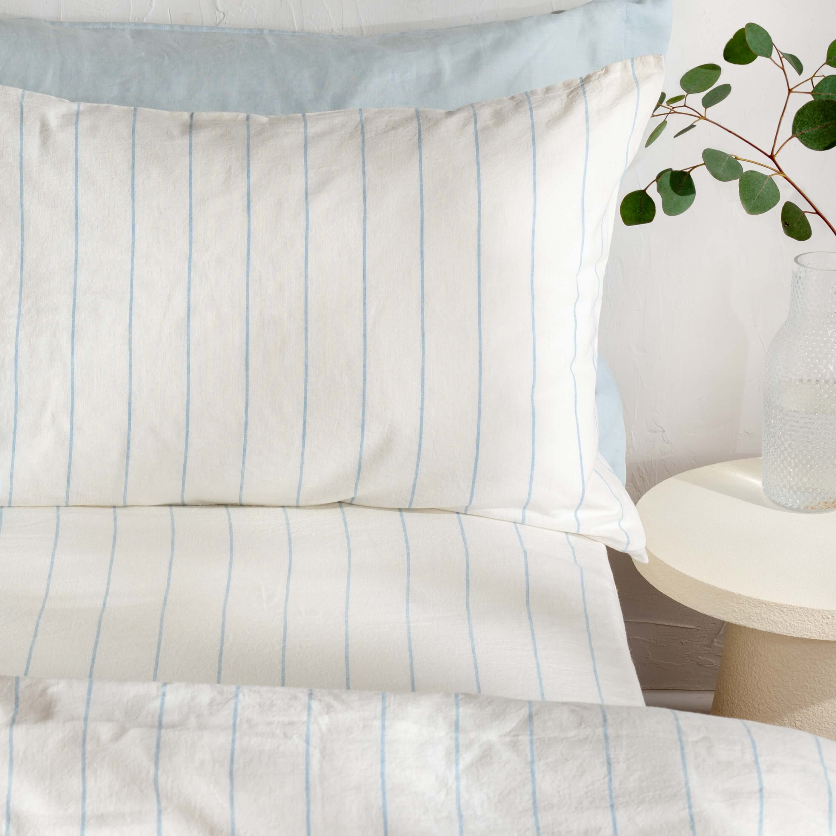 White/Blue Pinstripe Linen Cotton Blend 30cm Standard Fitted Sheets - Image 4
